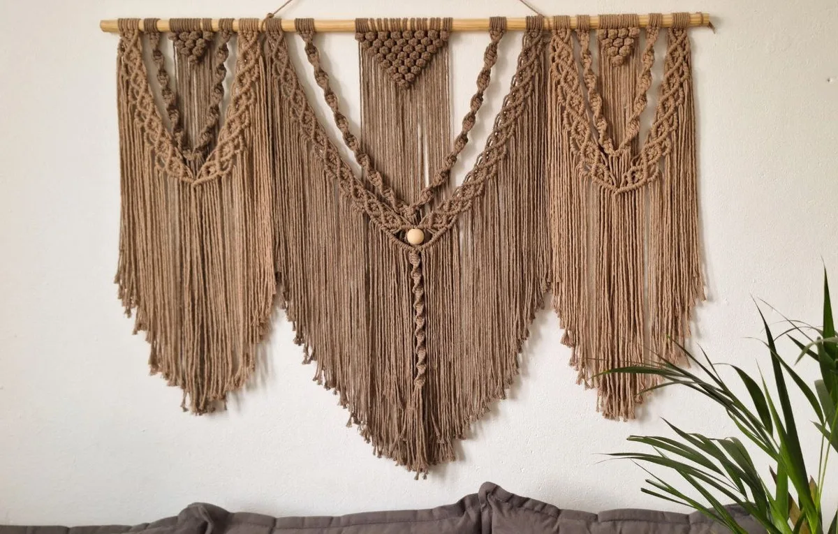 Painel Macramê Parede Marfim Artesanal Para Decoração Boho
