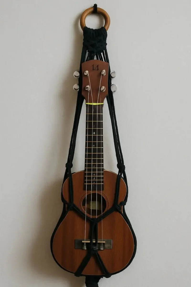 Suporte De Parede Feito De Macrame Para Ukulele E Cavaquinho Preto